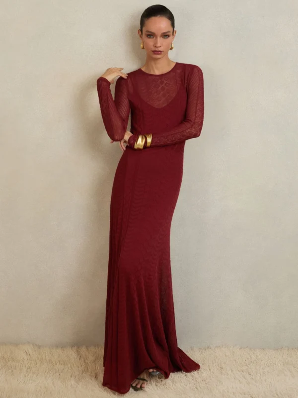 Reiss Atelier Women's Dark Red Pointelle-Knit Maxi Dress