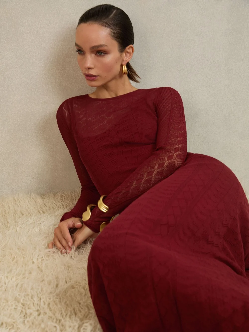 Reiss Atelier Women's Dark Red Pointelle-Knit Maxi Dress, view 3