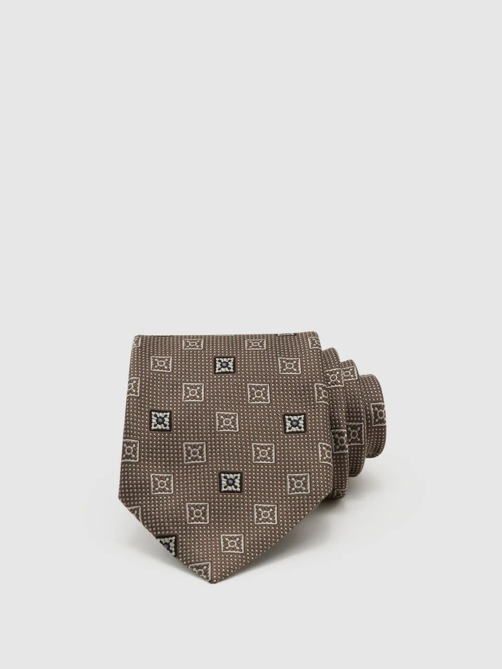 Reiss Aurelio Taupe Brown Silk-blend Square Floral Medallion Tie, view 2