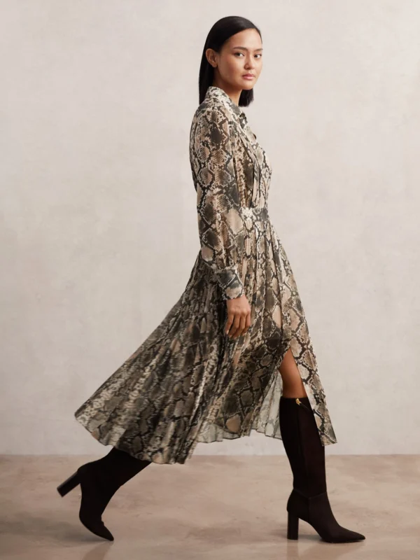 Reiss Beige & Brown Snake Print Pleated Midi Dress