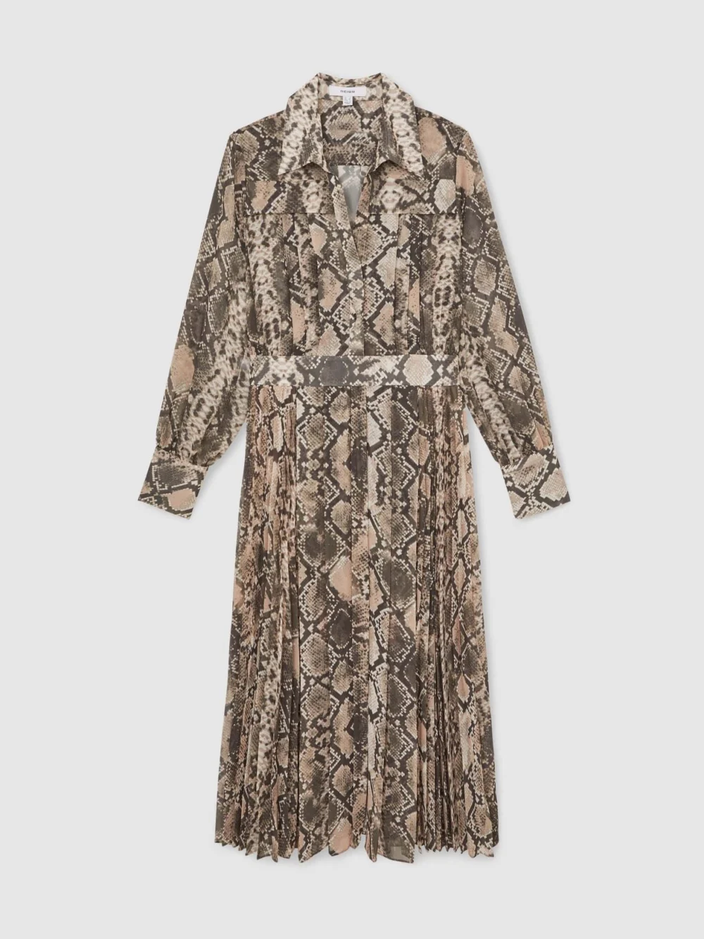 Reiss Beige & Brown Snake Print Pleated Midi Dress, view 2