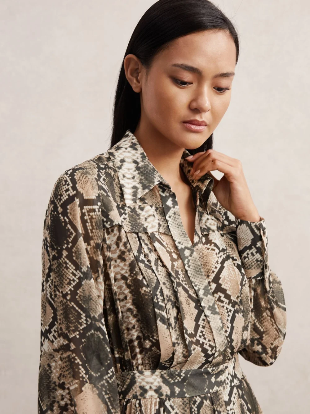 Reiss Beige & Brown Snake Print Pleated Midi Dress, view 3
