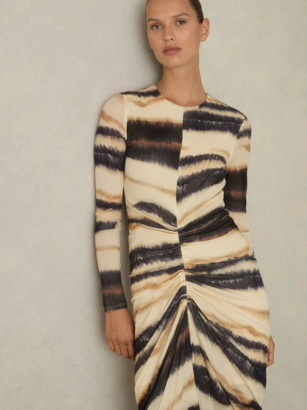 Reiss Beige & Navy Lyocell Abstract Print Ruched Jersey Dress