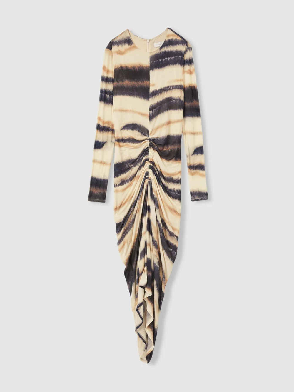 Reiss Beige & Navy Lyocell Abstract Print Ruched Jersey Dress, view 3