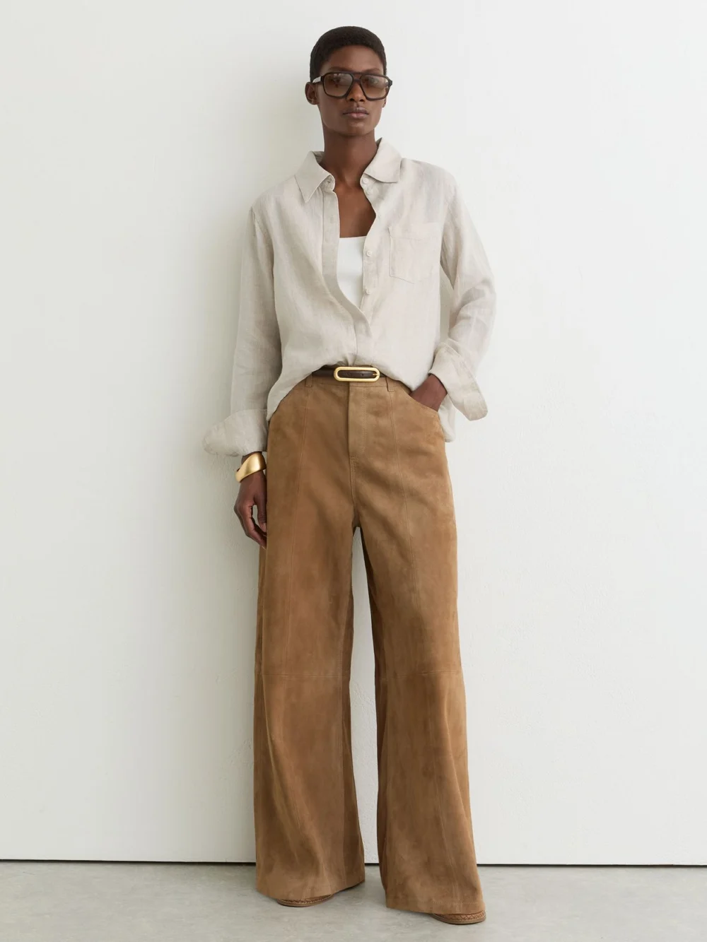 Reiss Beige Neutral Linen Button-through Shirt, view 3