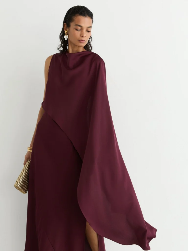 Reiss Berry Red Asymmetric Cape-detail Maxi Dress
