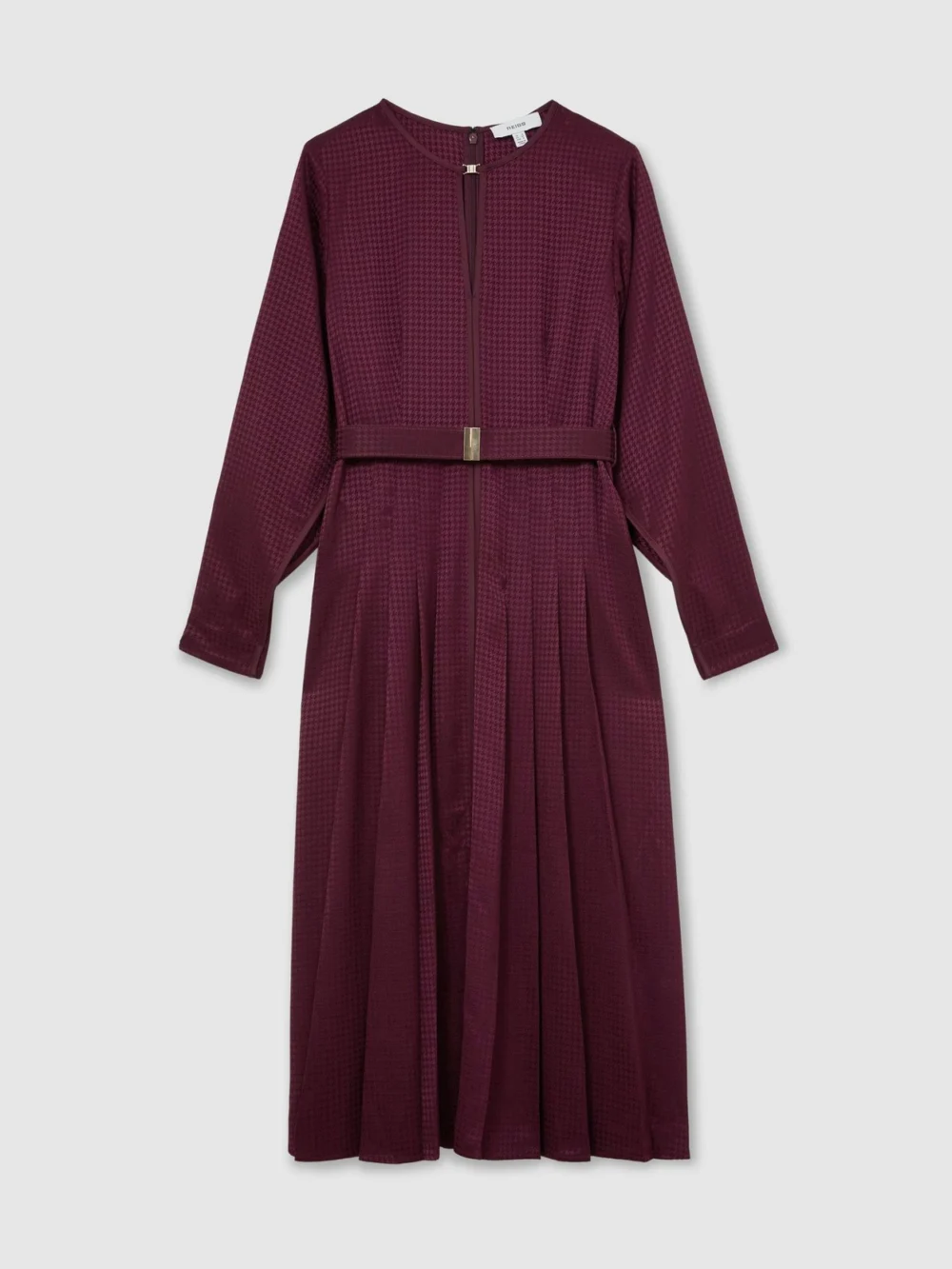 Reiss Berry Red Houndstooth-check Belted Midi Dress, view 2