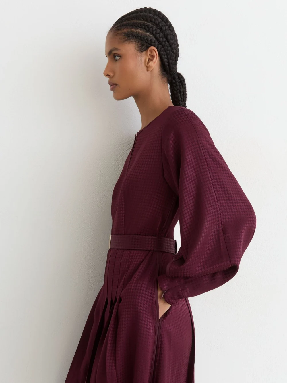 Reiss Berry Red Houndstooth-check Belted Midi Dress, view 3