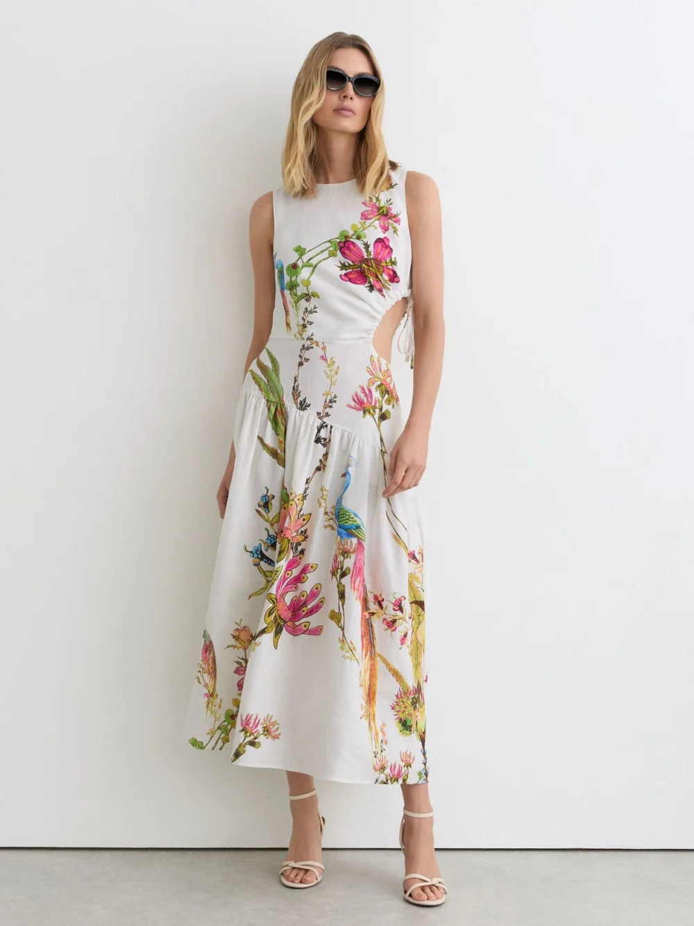 Reiss Bianca Petite Linen Floral-print Cut-out Midi Dress, 8 in cream/green