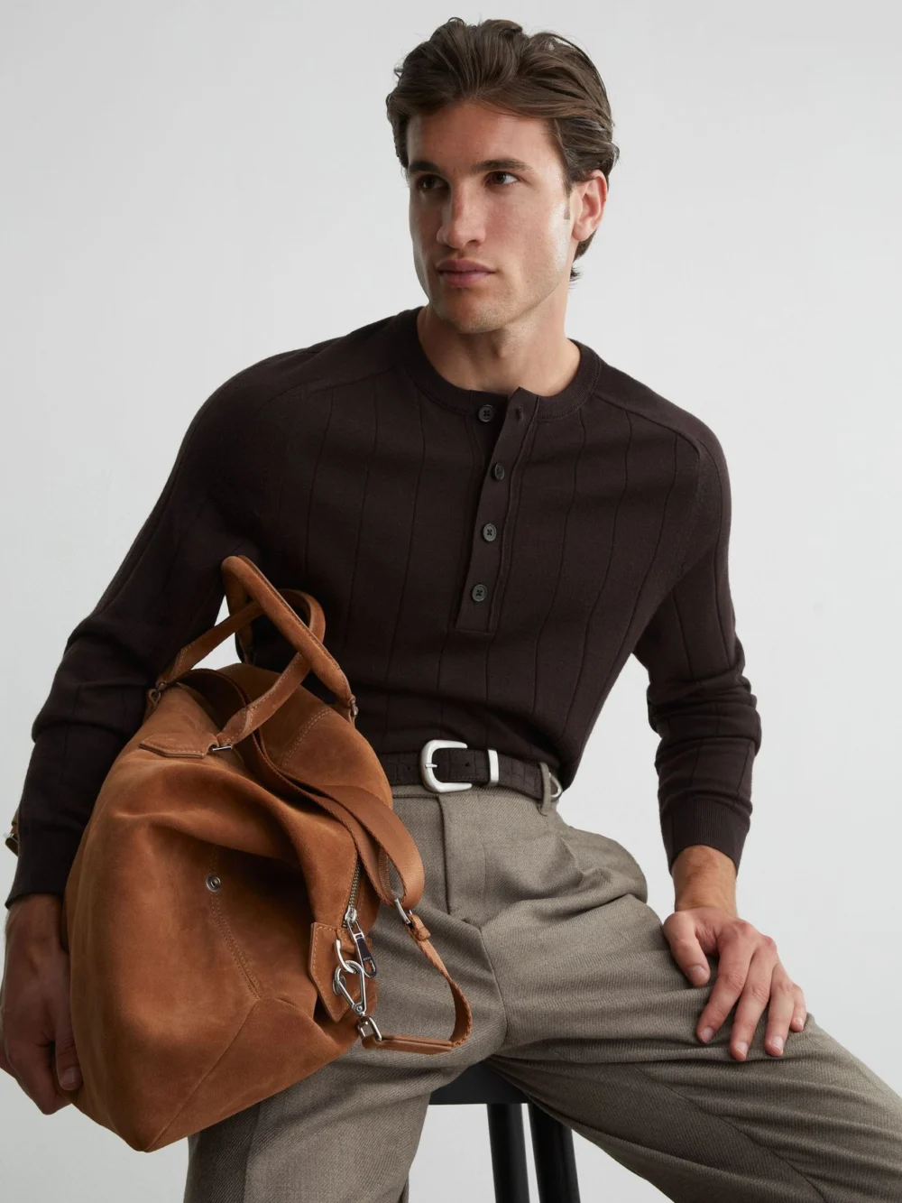 Reiss Bitter Brown Merino Wool Wide-rib Henley Jumper
