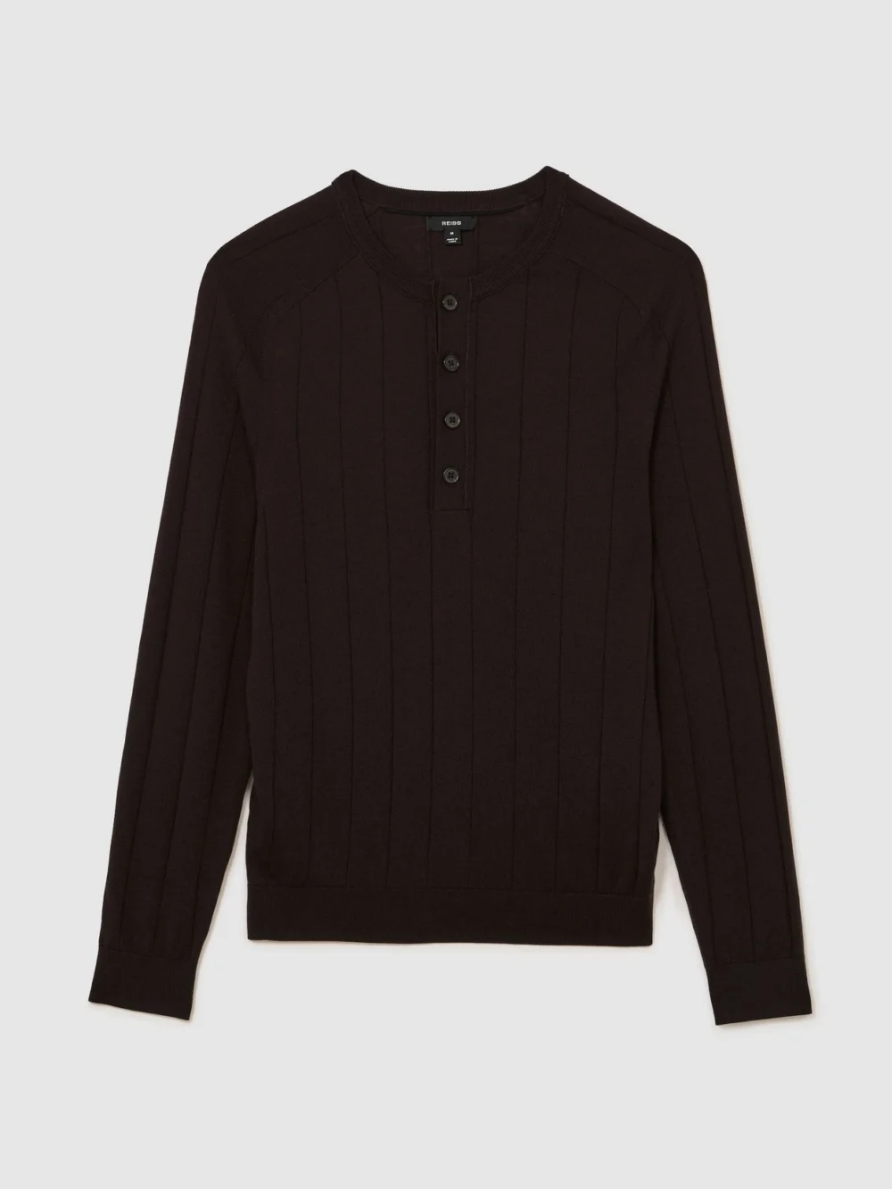 Reiss Bitter Brown Merino Wool Wide-rib Henley Jumper, view 2
