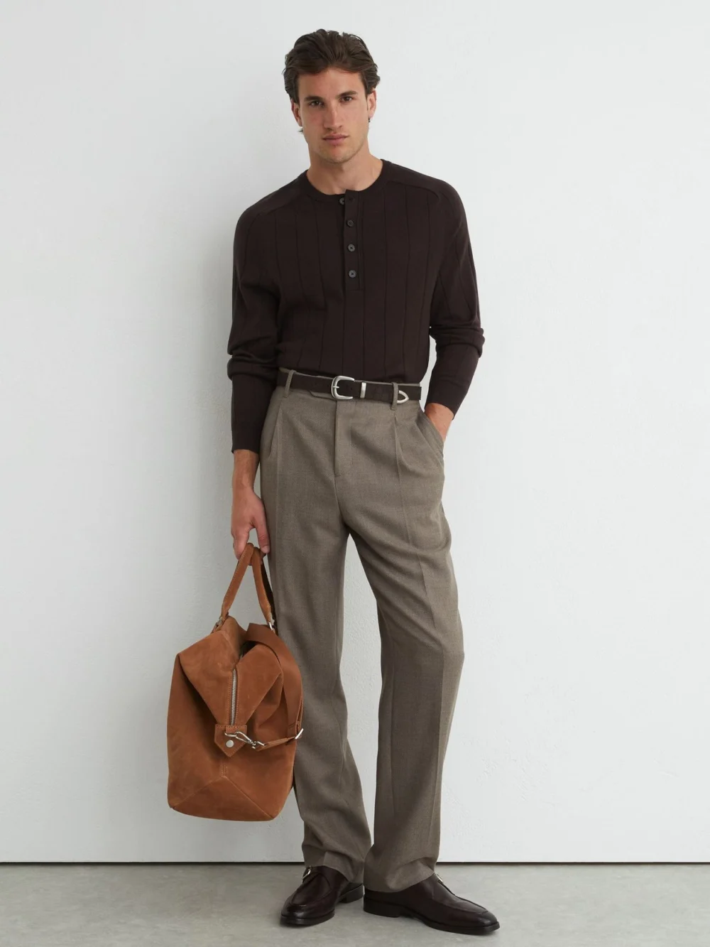Reiss Bitter Brown Merino Wool Wide-rib Henley Jumper, view 4