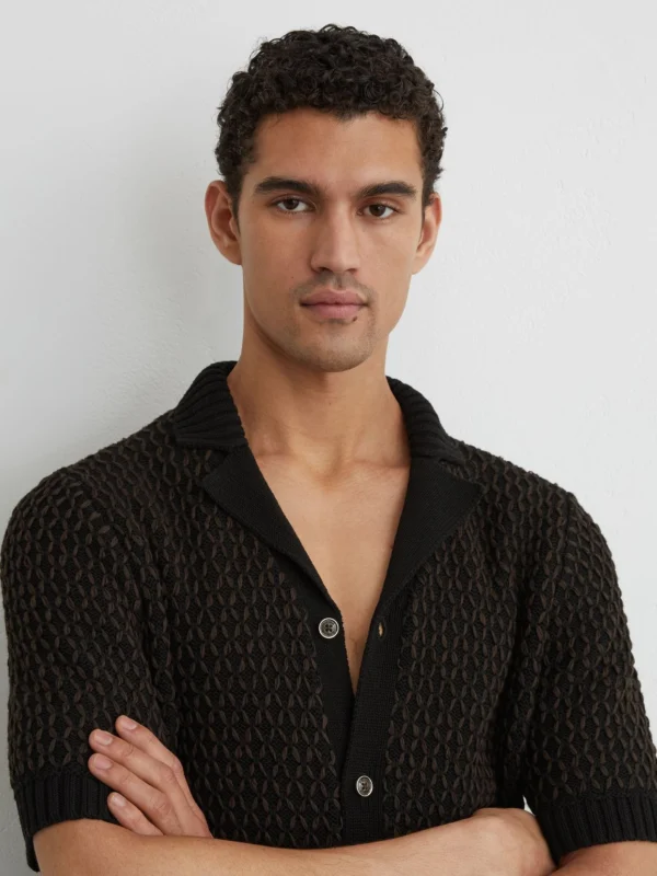 Reiss Black & Chocolate Brown Cotton-blend Stitch-detail Knitted Shirt