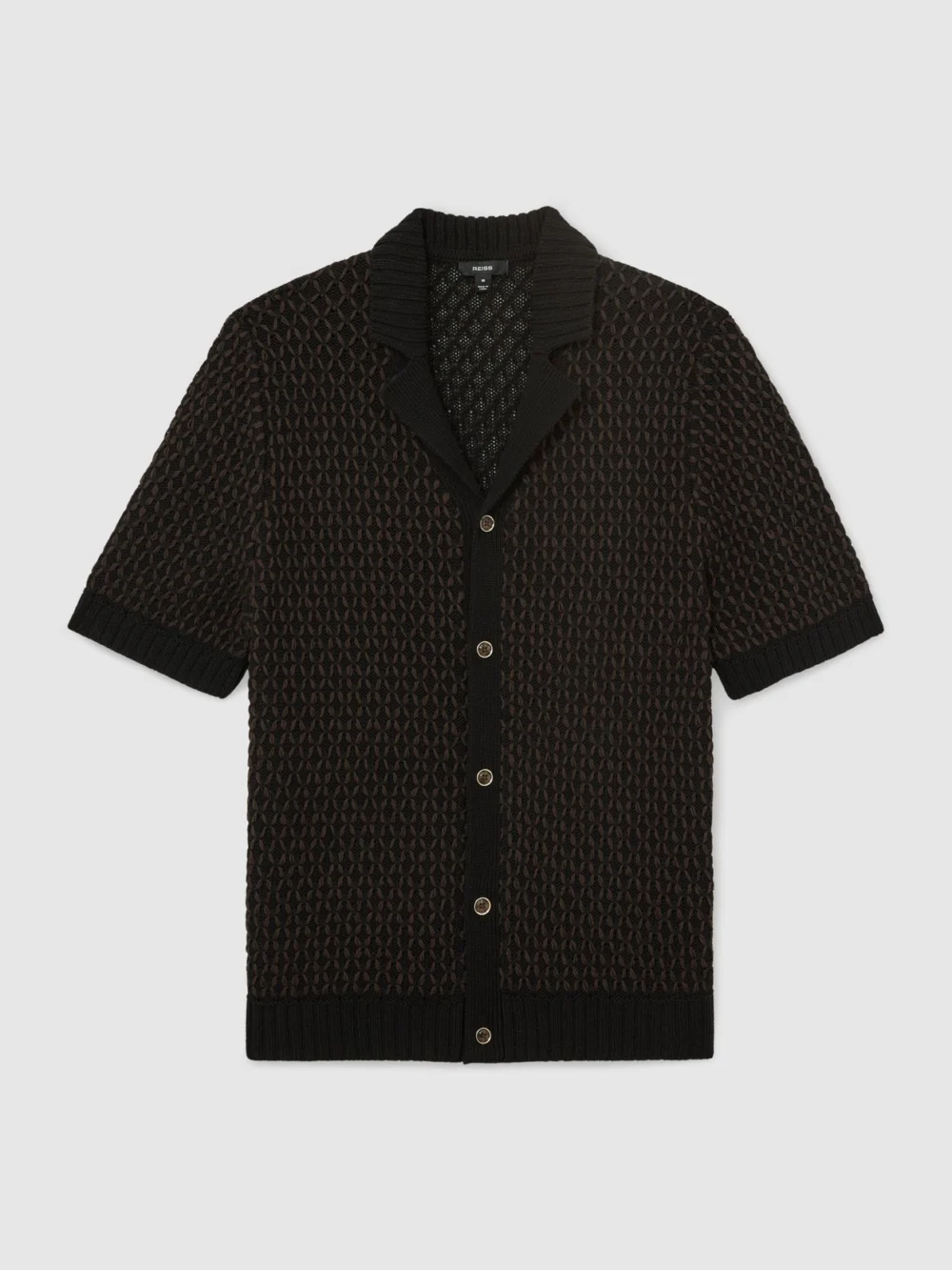 Reiss Black & Chocolate Brown Cotton-blend Stitch-detail Knitted Shirt, view 2