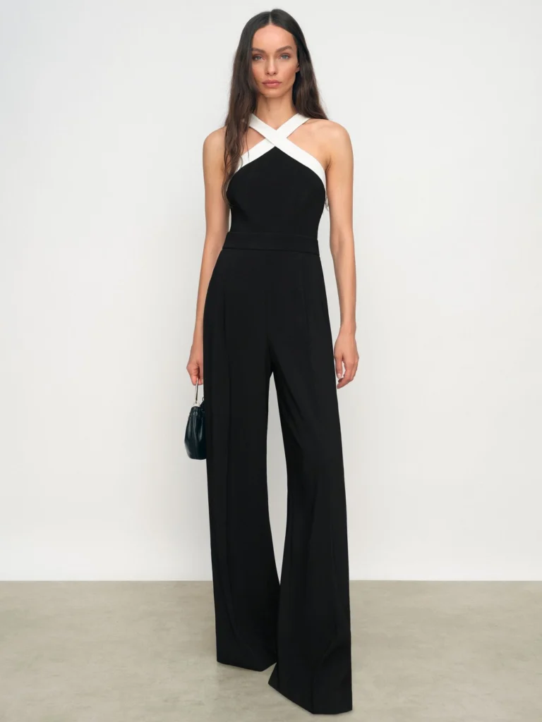Reiss Black & Cream Colour-block Halter Wide-leg Jumpsuit