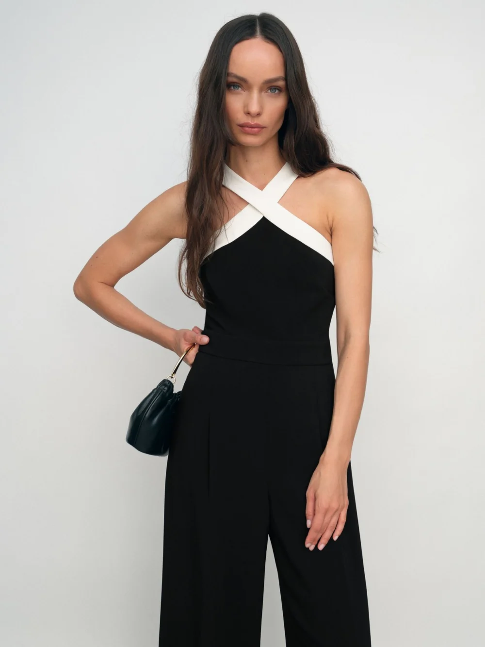 Reiss Black & Cream Colour-block Halter Wide-leg Jumpsuit, view 3