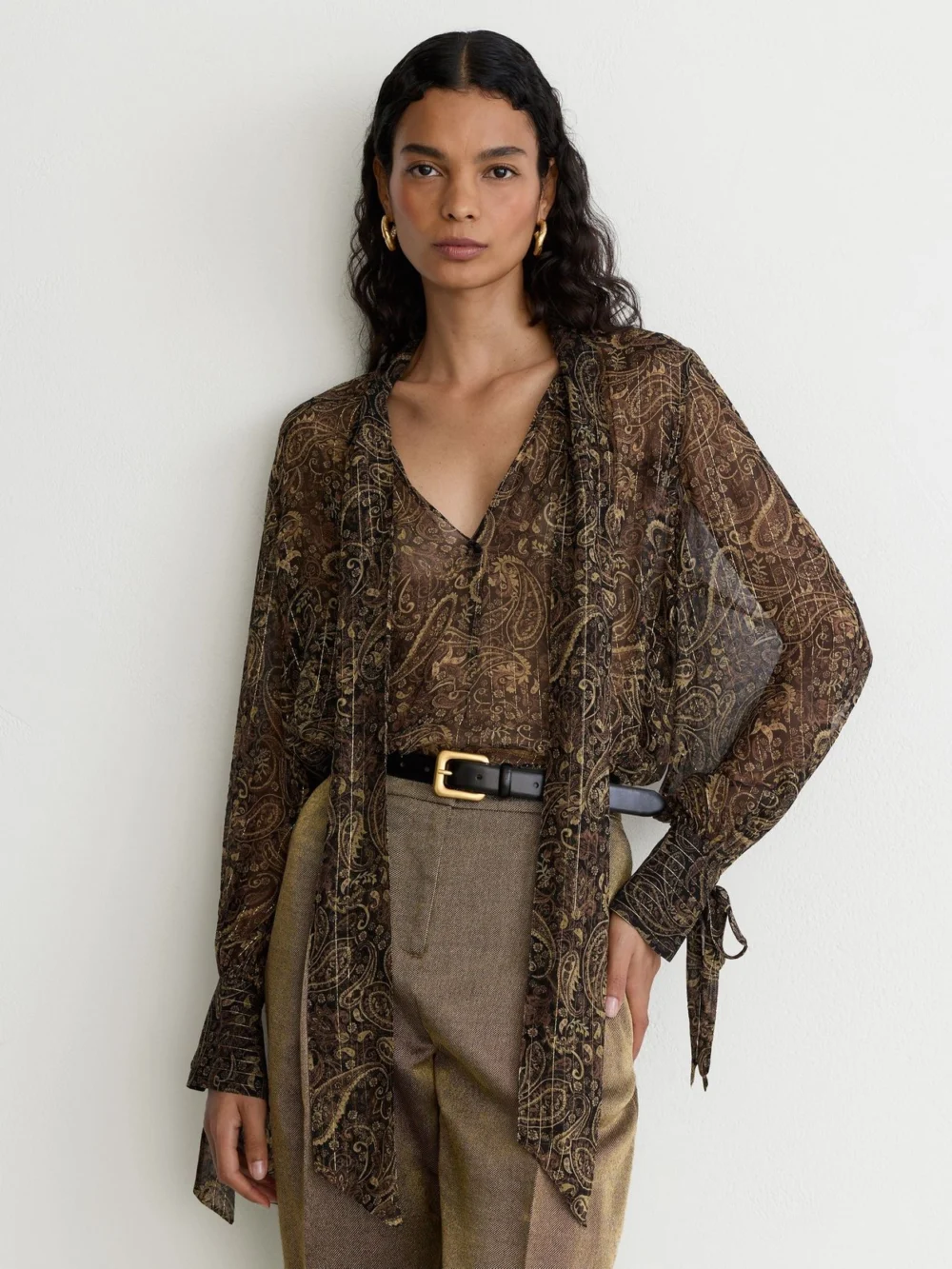 Reiss Black & Gold Silk-georgette Paisley Tie-neck Blouse in black/gold