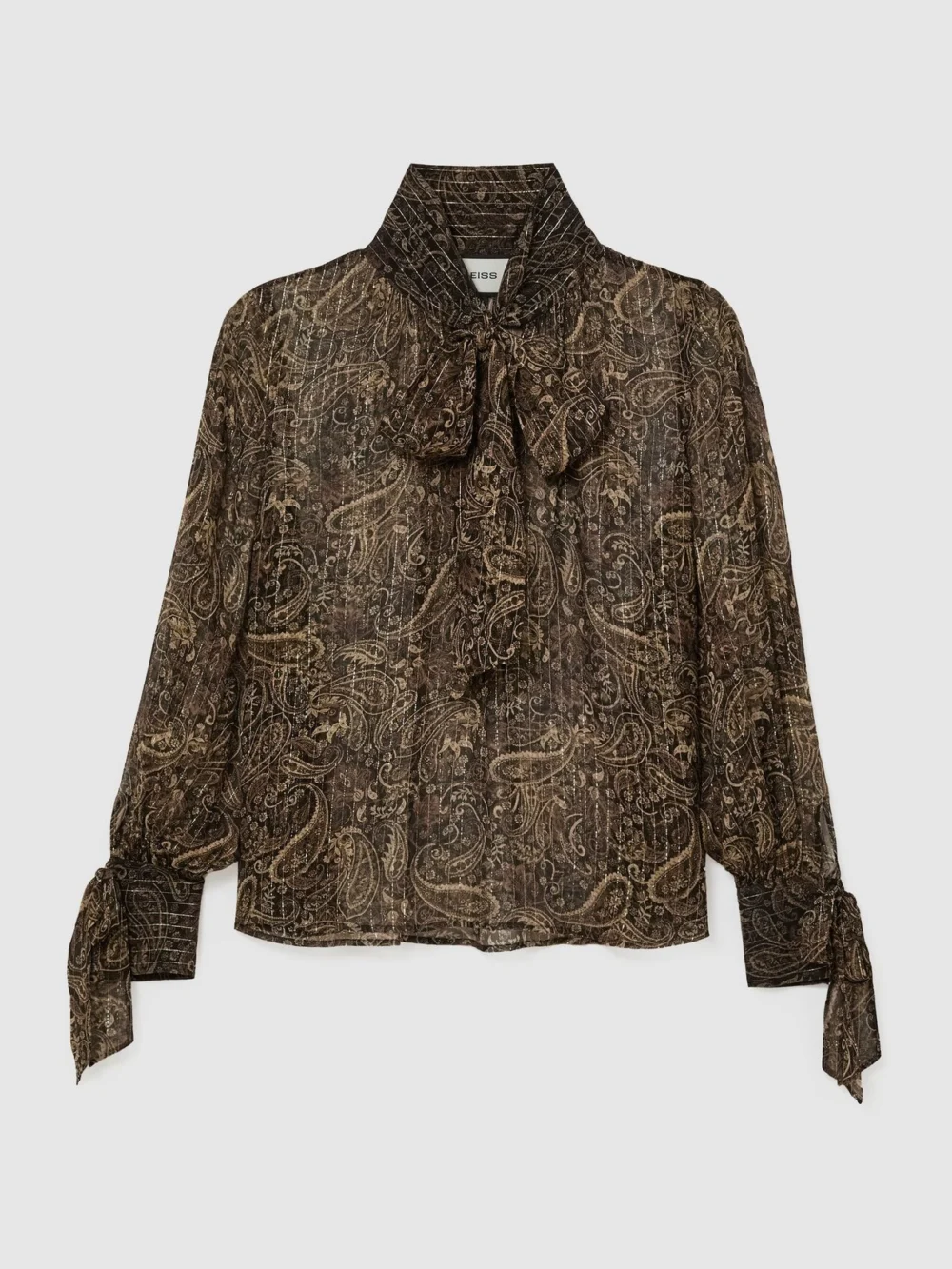 Reiss Black & Gold Silk-georgette Paisley Tie-neck Blouse, view 2