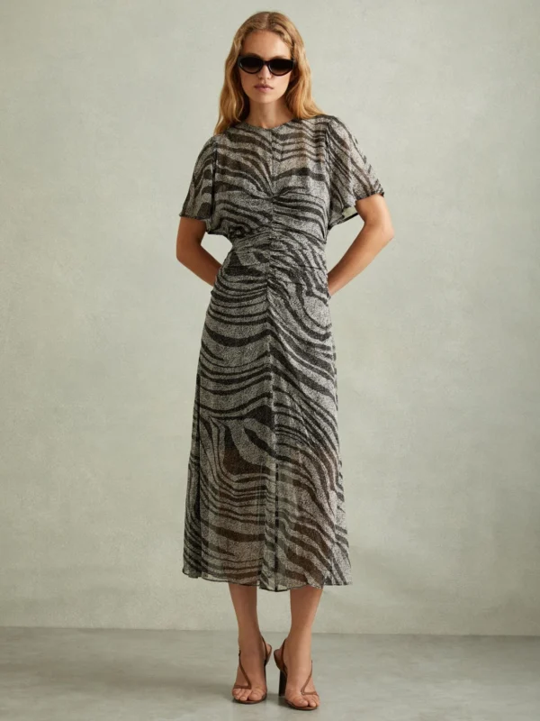 Reiss Black & Grey Animal Printed Midi Dress