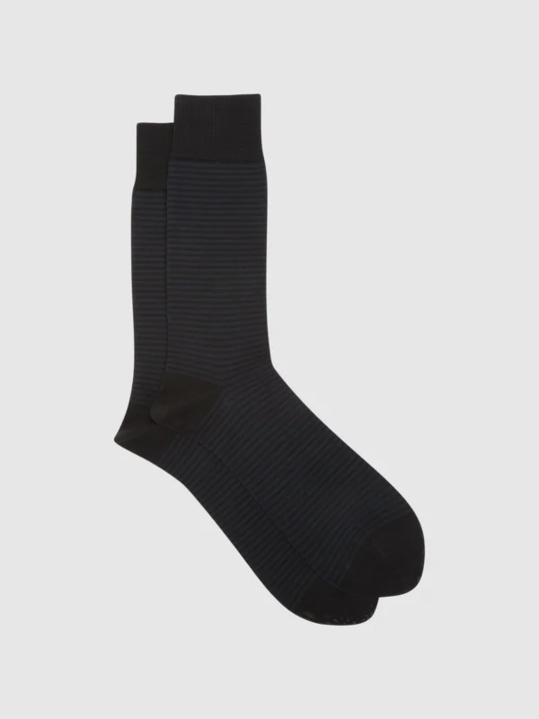 Reiss Black & Navy Stripe Mercerised Cotton-blend Striped Socks