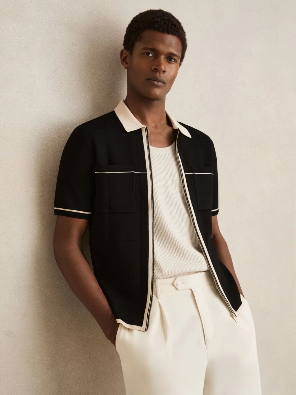 Reiss Black & Stone Compact-knit Tipped Zip-through Shirt in black/stone