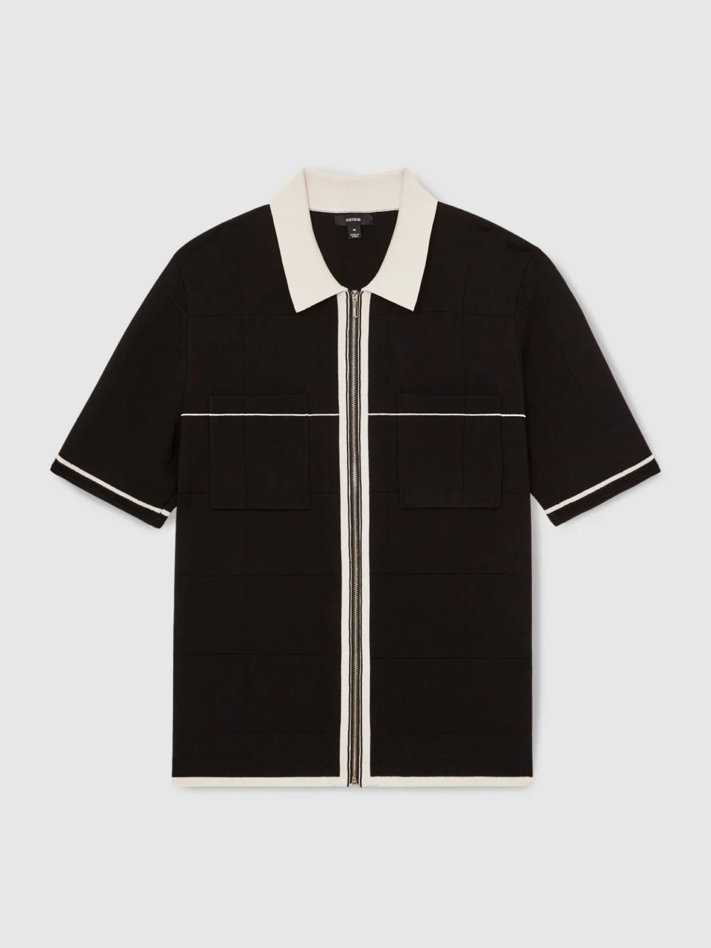 Reiss Black & Stone Compact-knit Tipped Zip-through Shirt, view 2
