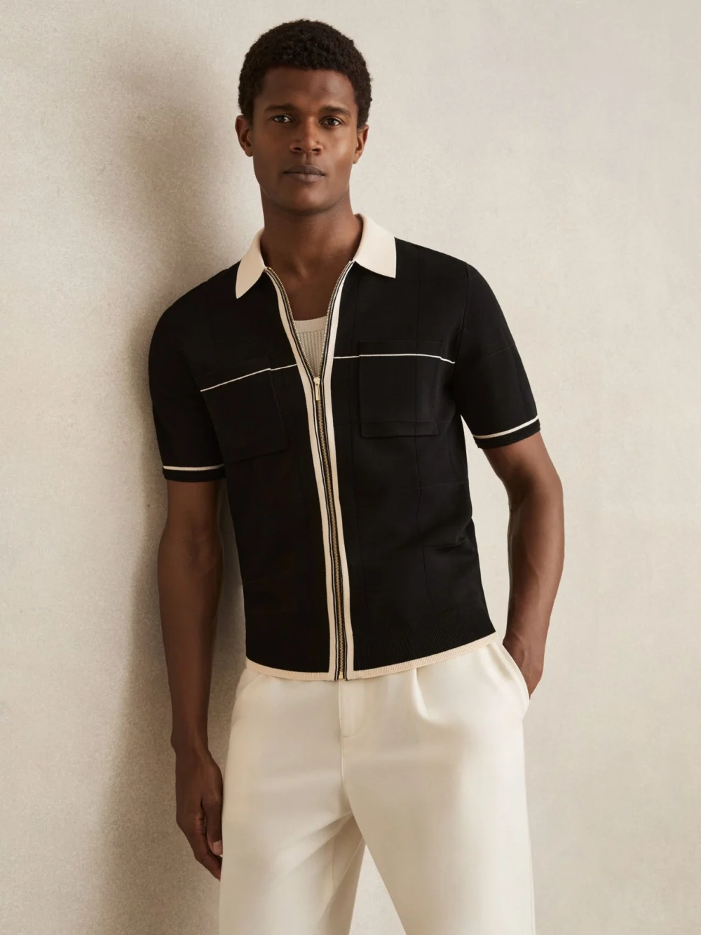 Reiss Black & Stone Compact-knit Tipped Zip-through Shirt, view 5