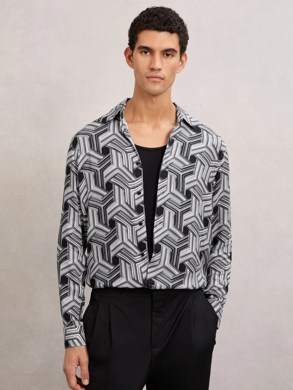 Reiss Black & White Abstract-print Regular-fit Shirt in black/white