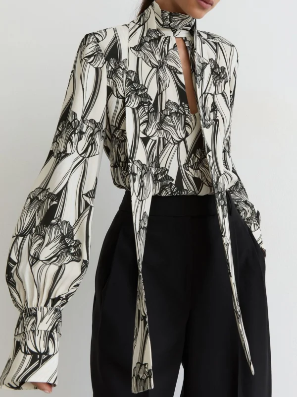 Reiss Black & White Floral-print Tie-neck Blouse