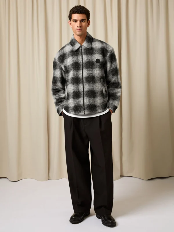 Reiss Black & White Monogram Embroidered Relaxed Overshirt with Wool