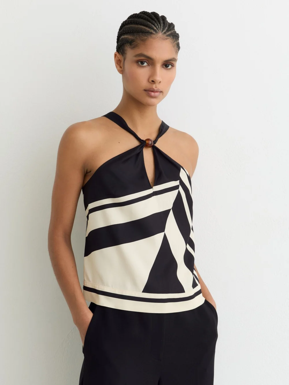 Reiss Black & White Scarf-print Tie-back Top in black/white