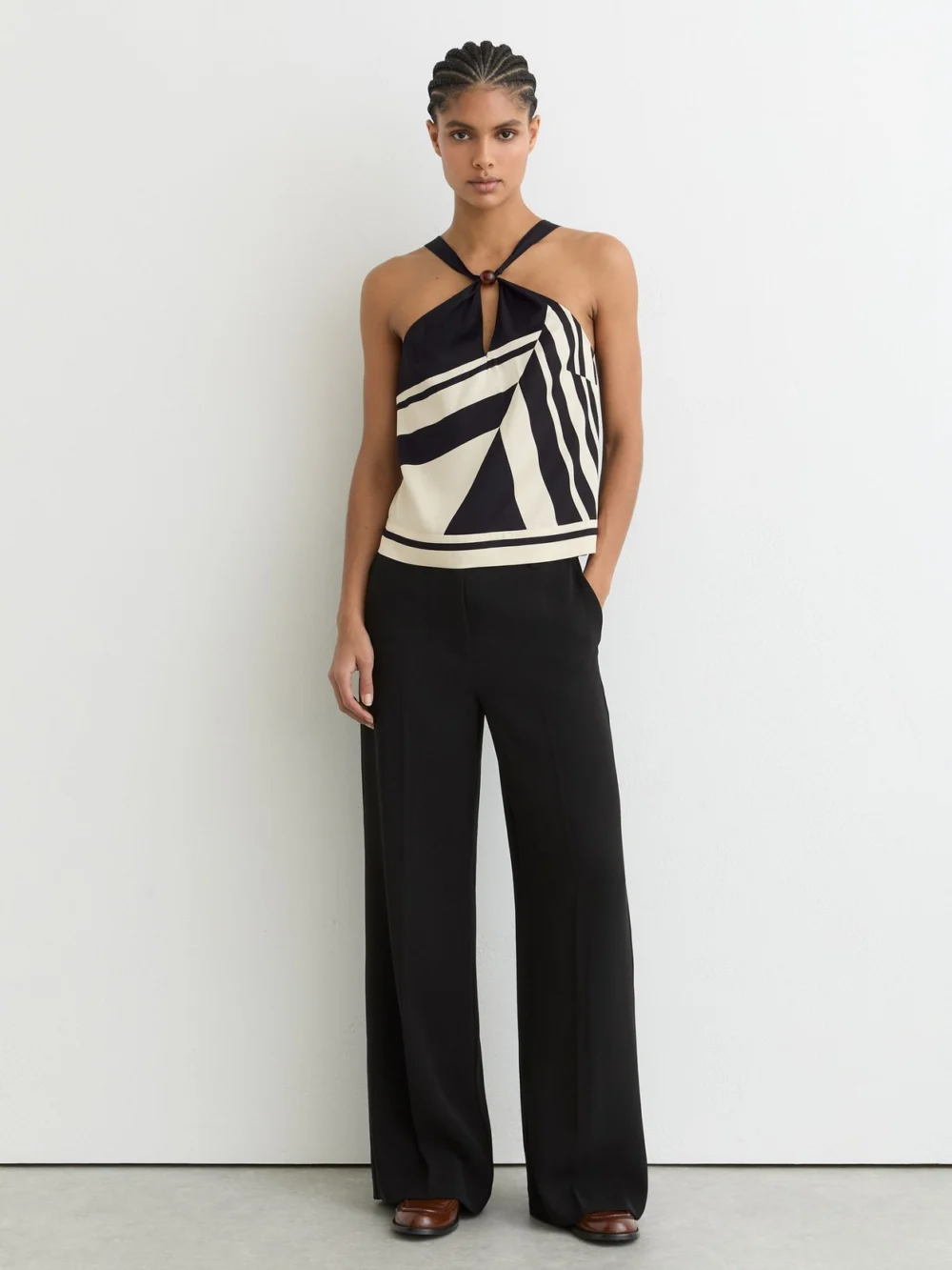 Reiss Black & White Scarf-print Tie-back Top, view 3