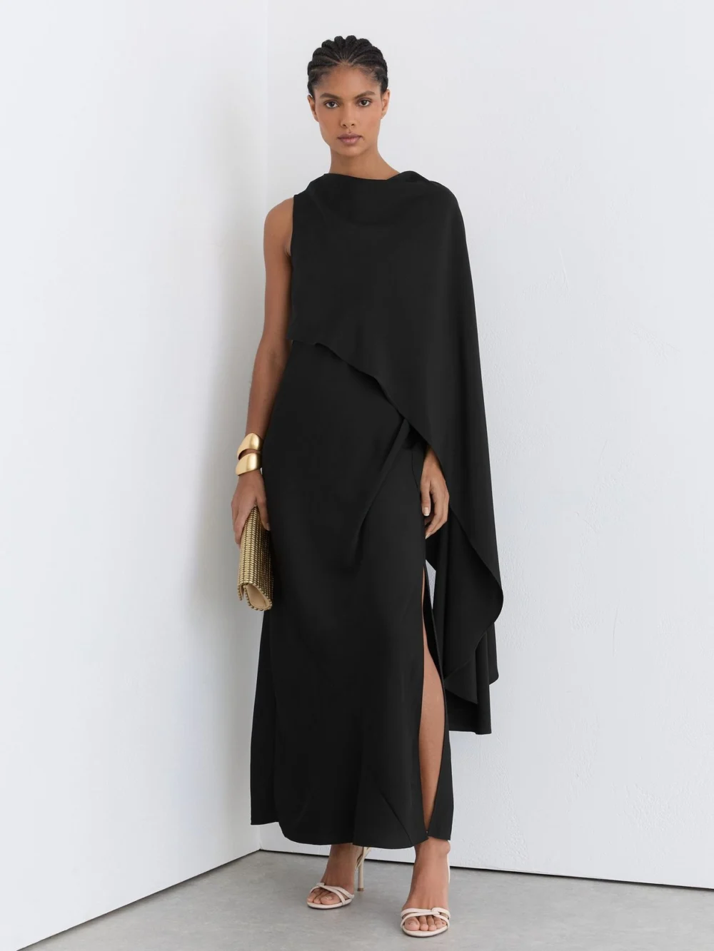 Reiss Black Asymmetric Cape-detail Maxi Dress