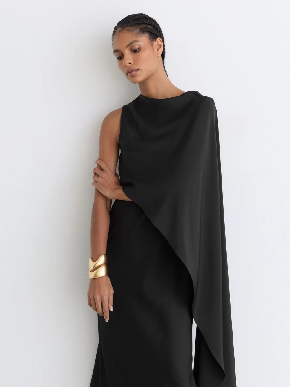 Reiss Black Asymmetric Cape-detail Maxi Dress, view 4