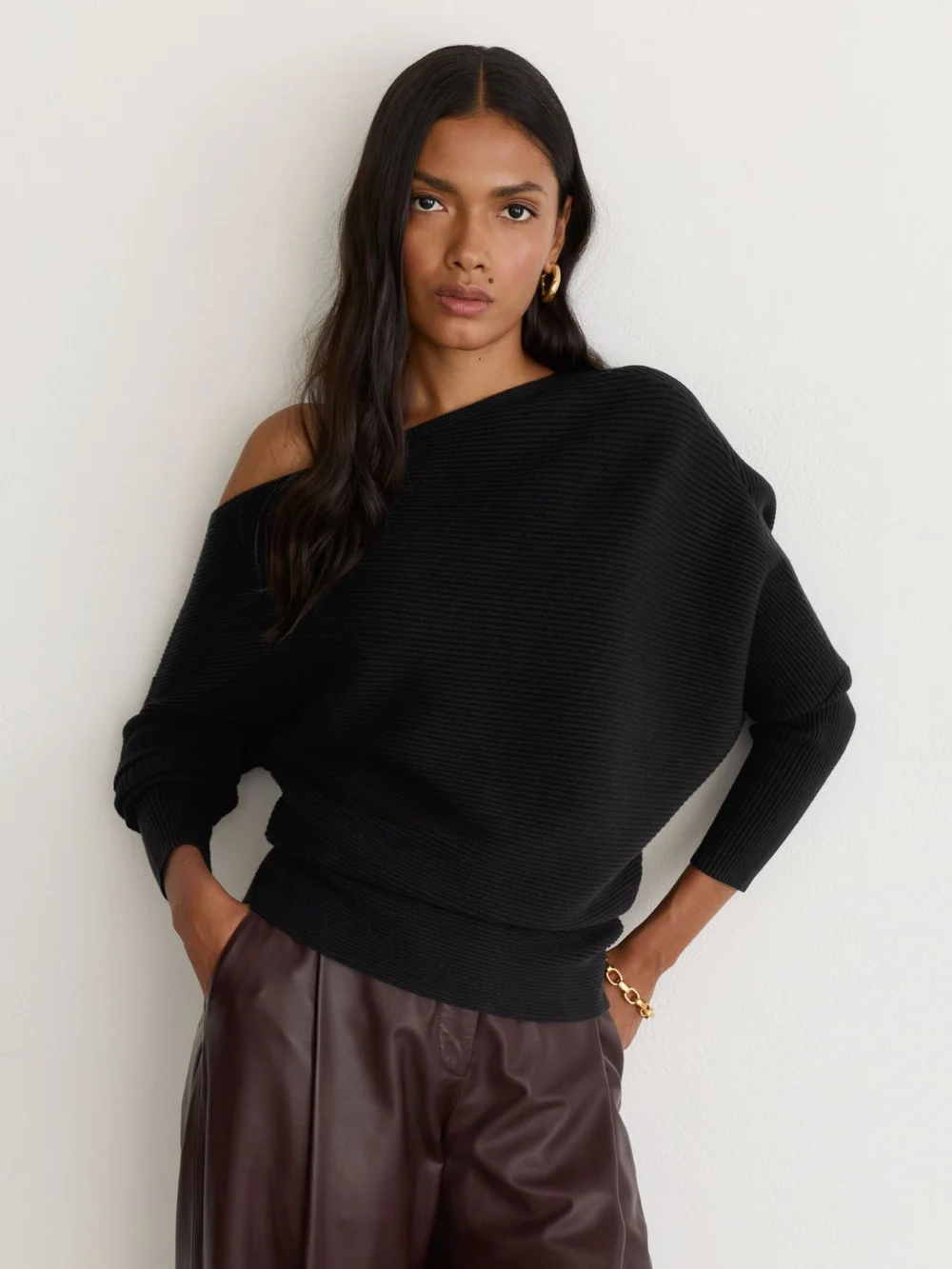 Reiss Black Asymmetric Draped Knitted Jumper, view 3
