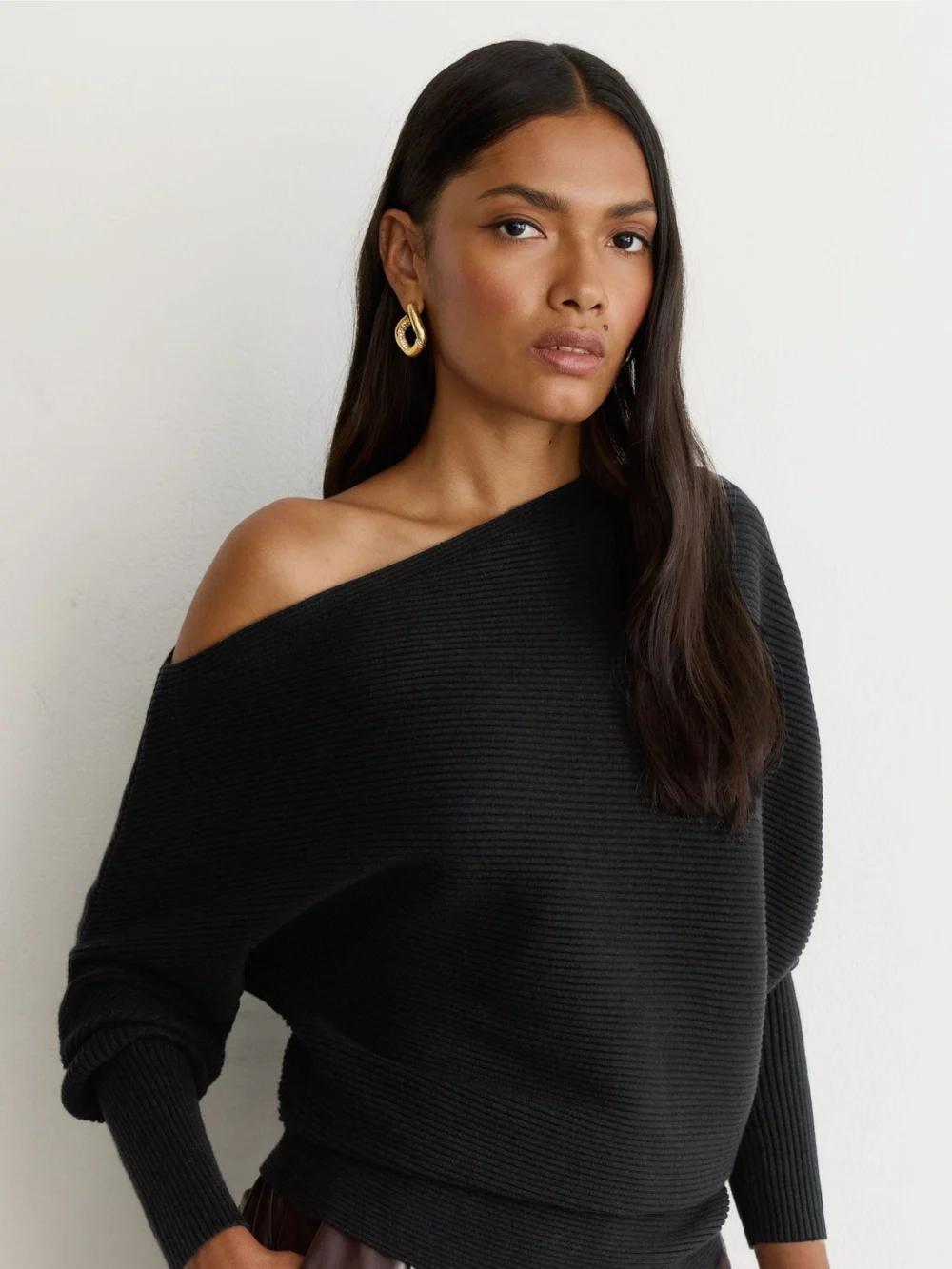 Reiss Black Asymmetric Draped Knitted Jumper, view 4