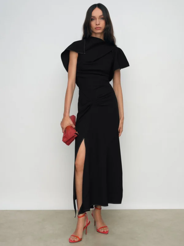 Reiss Black Asymmetric Draped Midi Dress