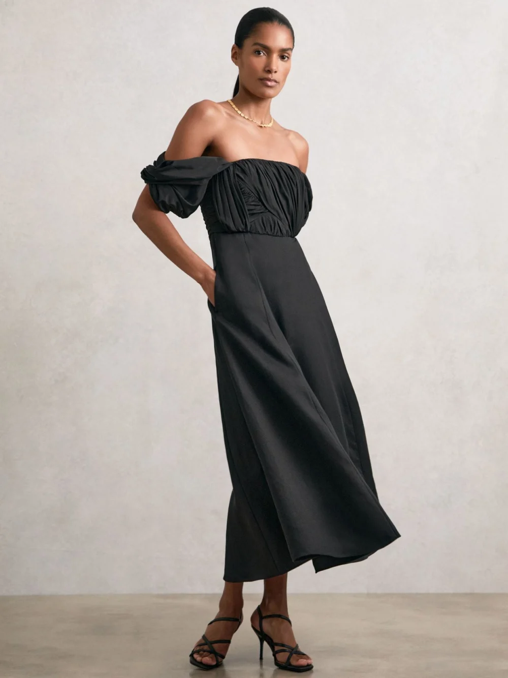 Reiss Black Bardot Sculpted Bodice Midi Dress with Linen