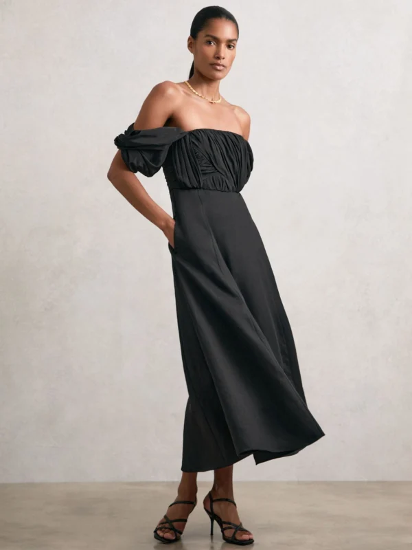 Reiss Black Bardot Sculpted Bodice Midi Dress with Linen