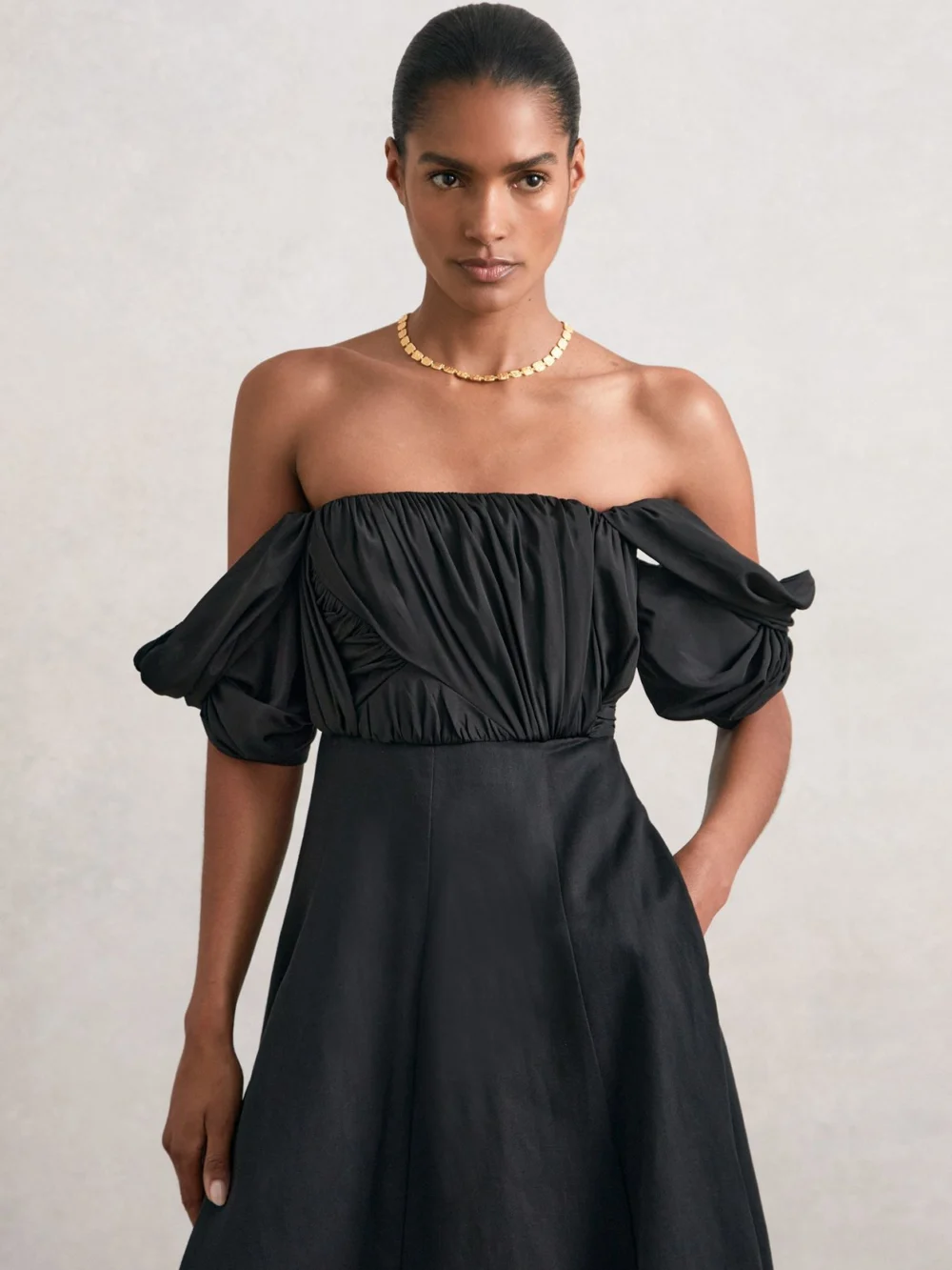 Reiss Black Bardot Sculpted Bodice Midi Dress with Linen, view 3