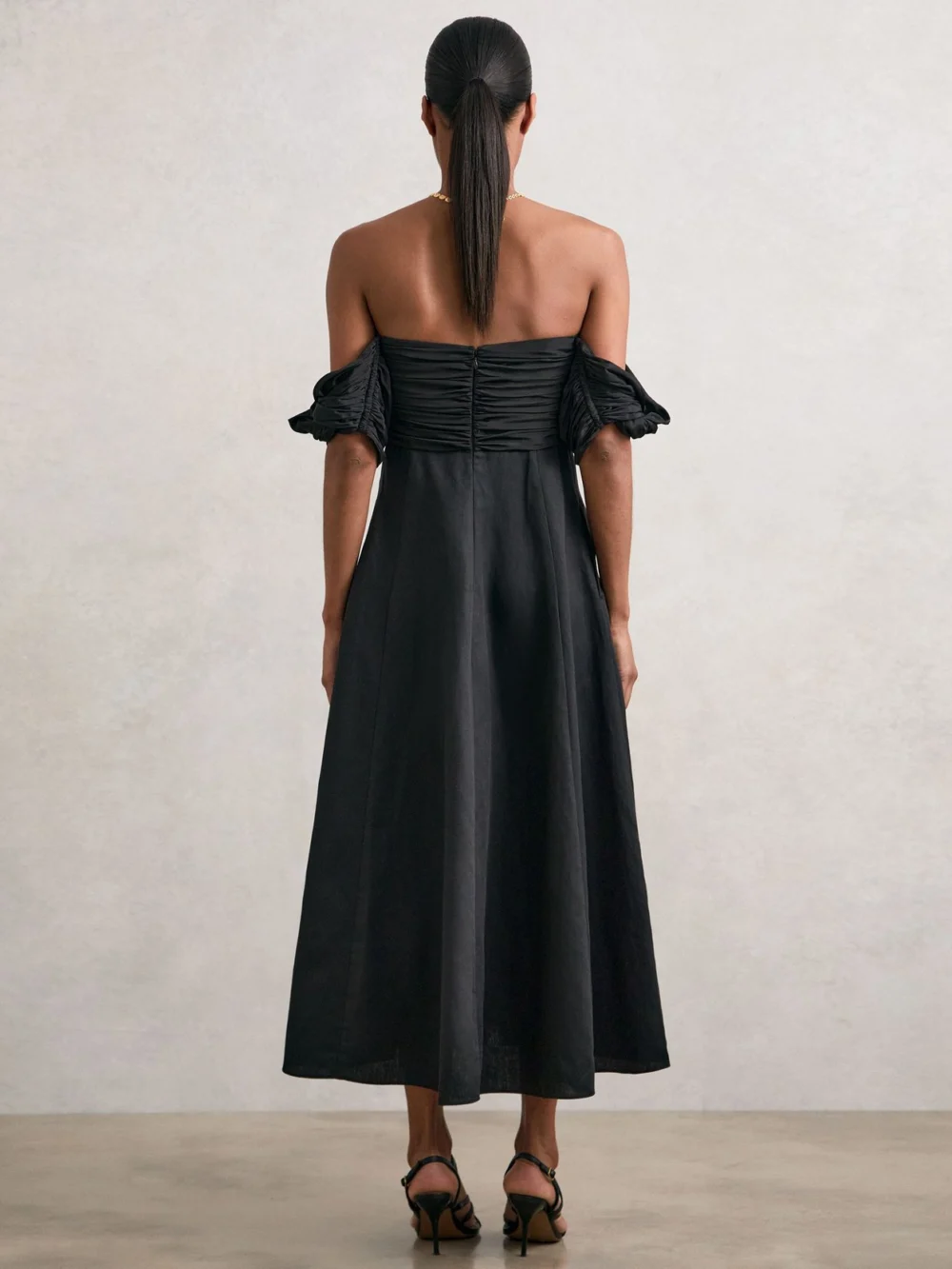 Reiss Black Bardot Sculpted Bodice Midi Dress with Linen, view 4
