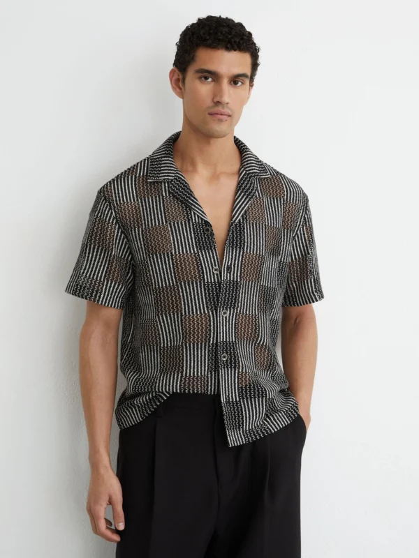 Reiss Black Checkerboard Crochet Cuban Collar Shirt