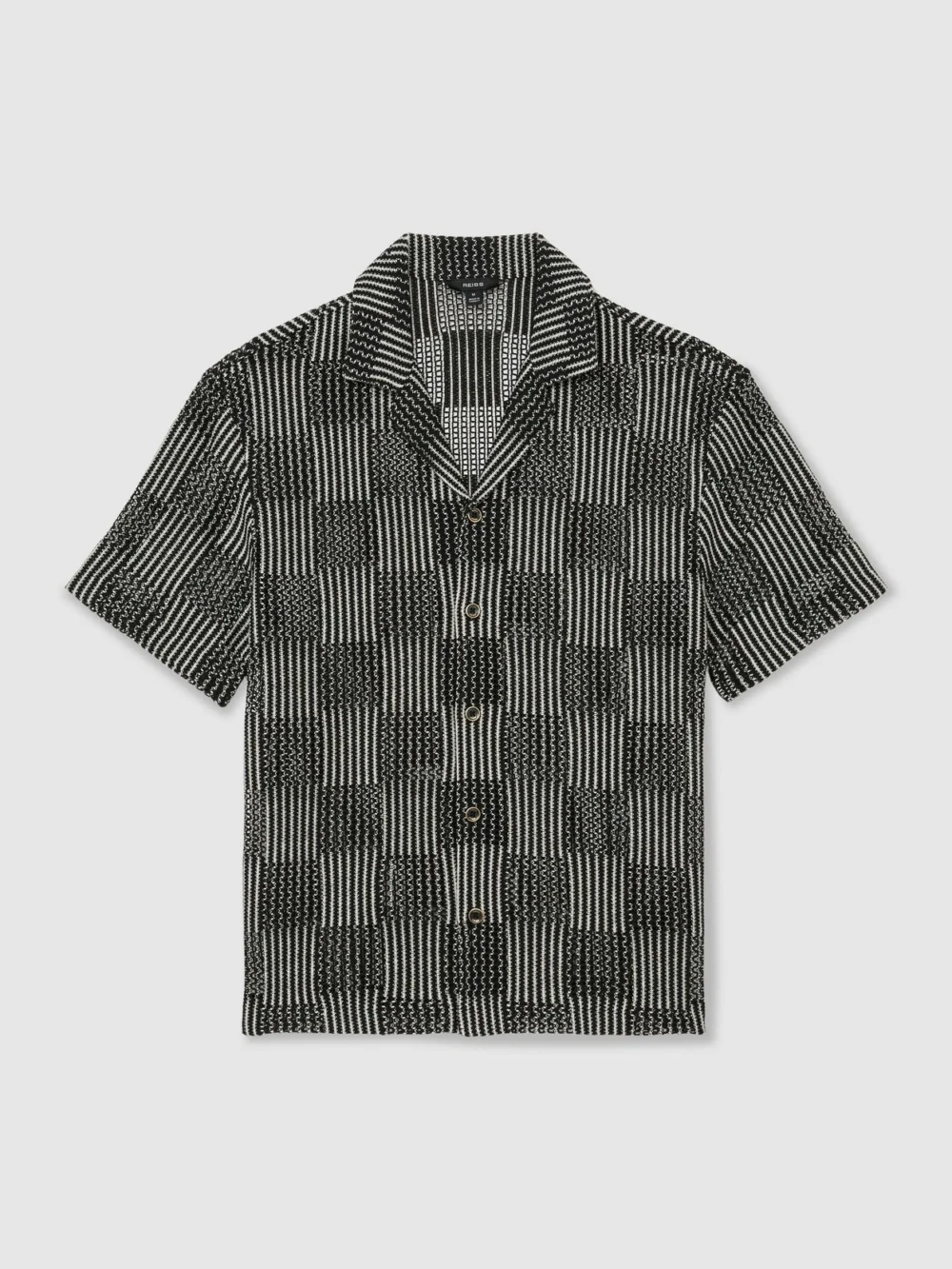 Reiss Black Checkerboard Crochet Cuban Collar Shirt, view 2