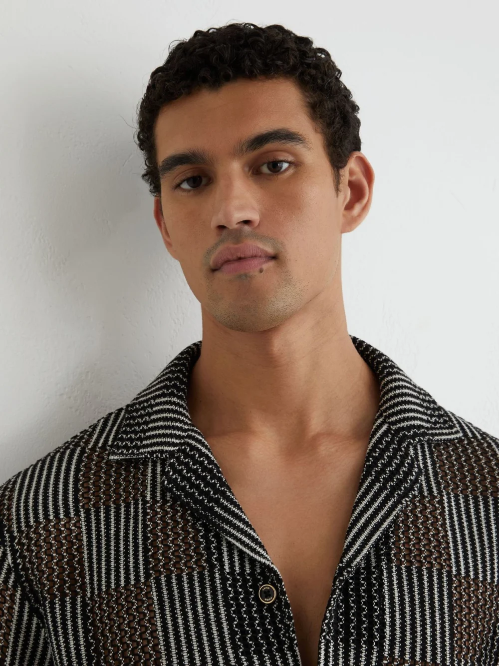 Reiss Black Checkerboard Crochet Cuban Collar Shirt, view 3