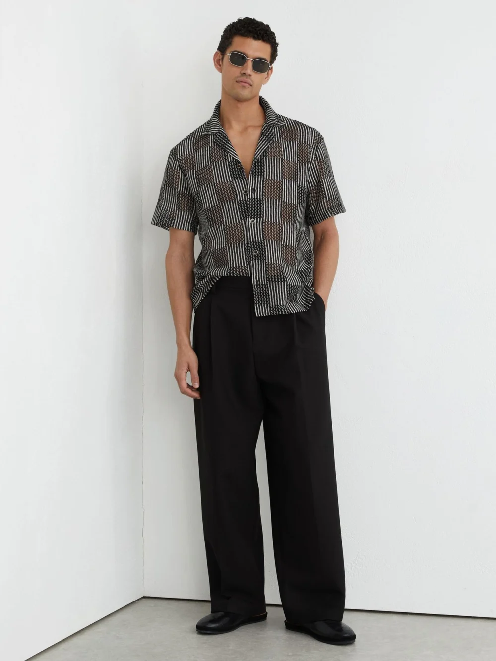 Reiss Black Checkerboard Crochet Cuban Collar Shirt, view 4