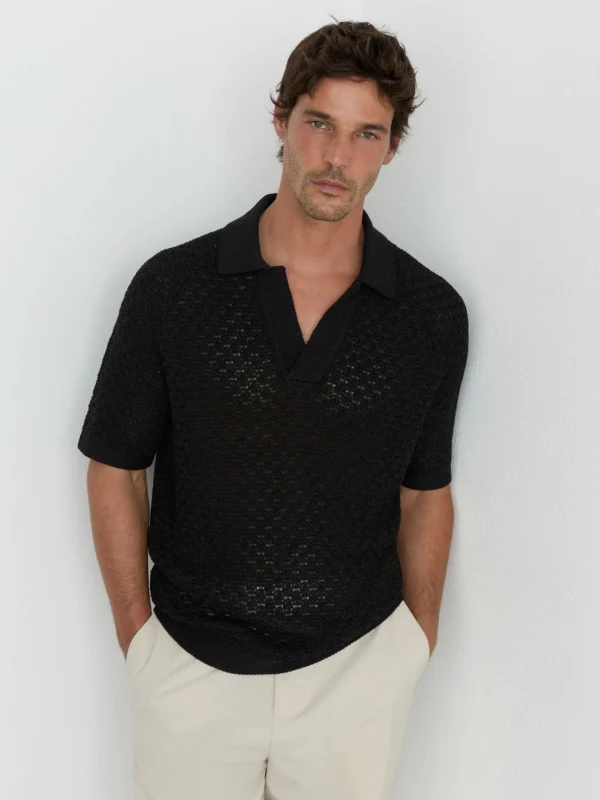 Reiss Black Cotton-blend Crochet-knit Polo