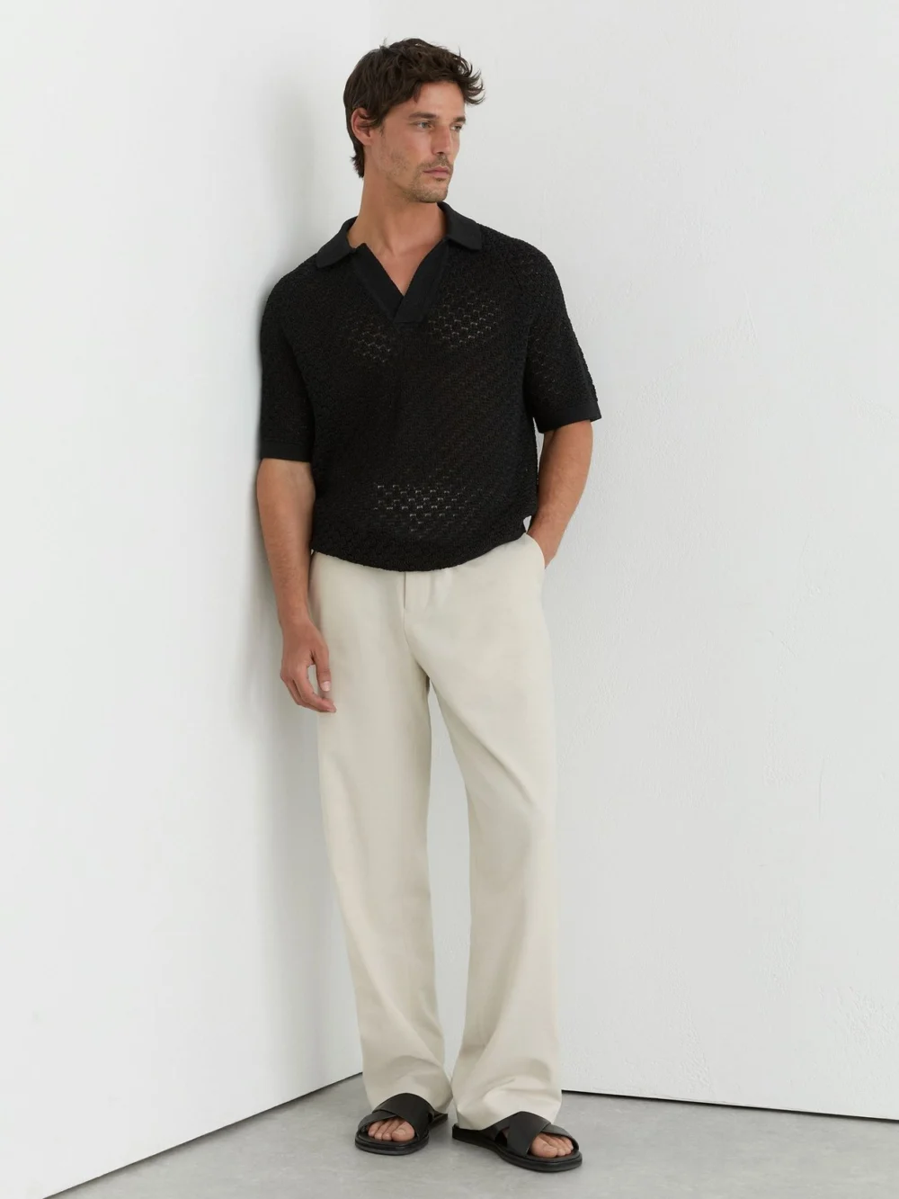 Reiss Black Cotton-blend Crochet-knit Polo, view 3