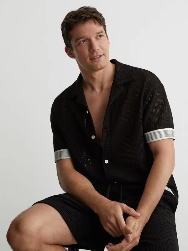 Reiss Black Cotton-blend Tape-trim Crochet Shirt