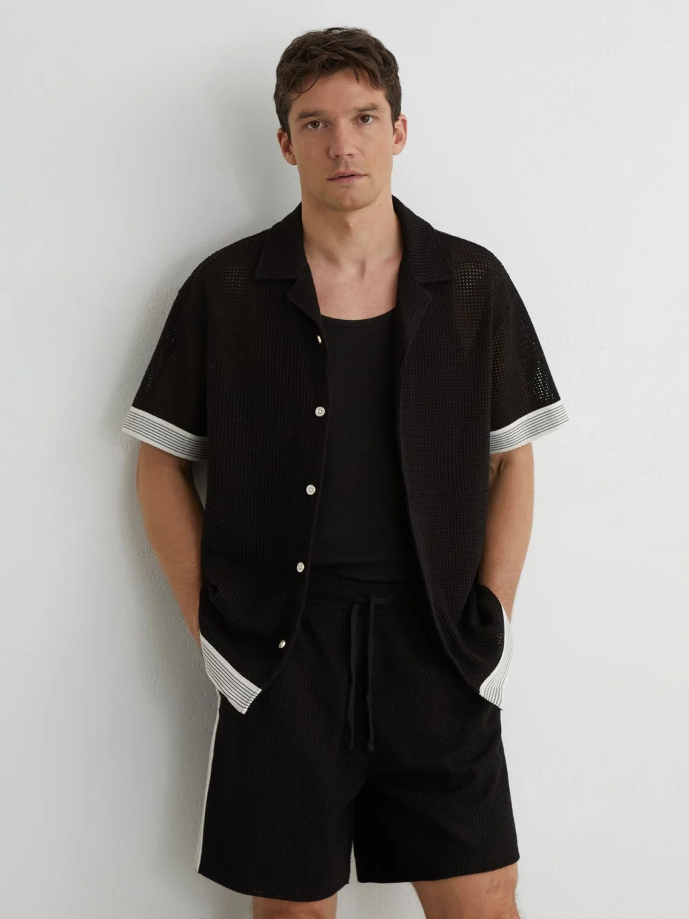 Reiss Black Cotton-blend Tape-trim Crochet Shirt, view 3