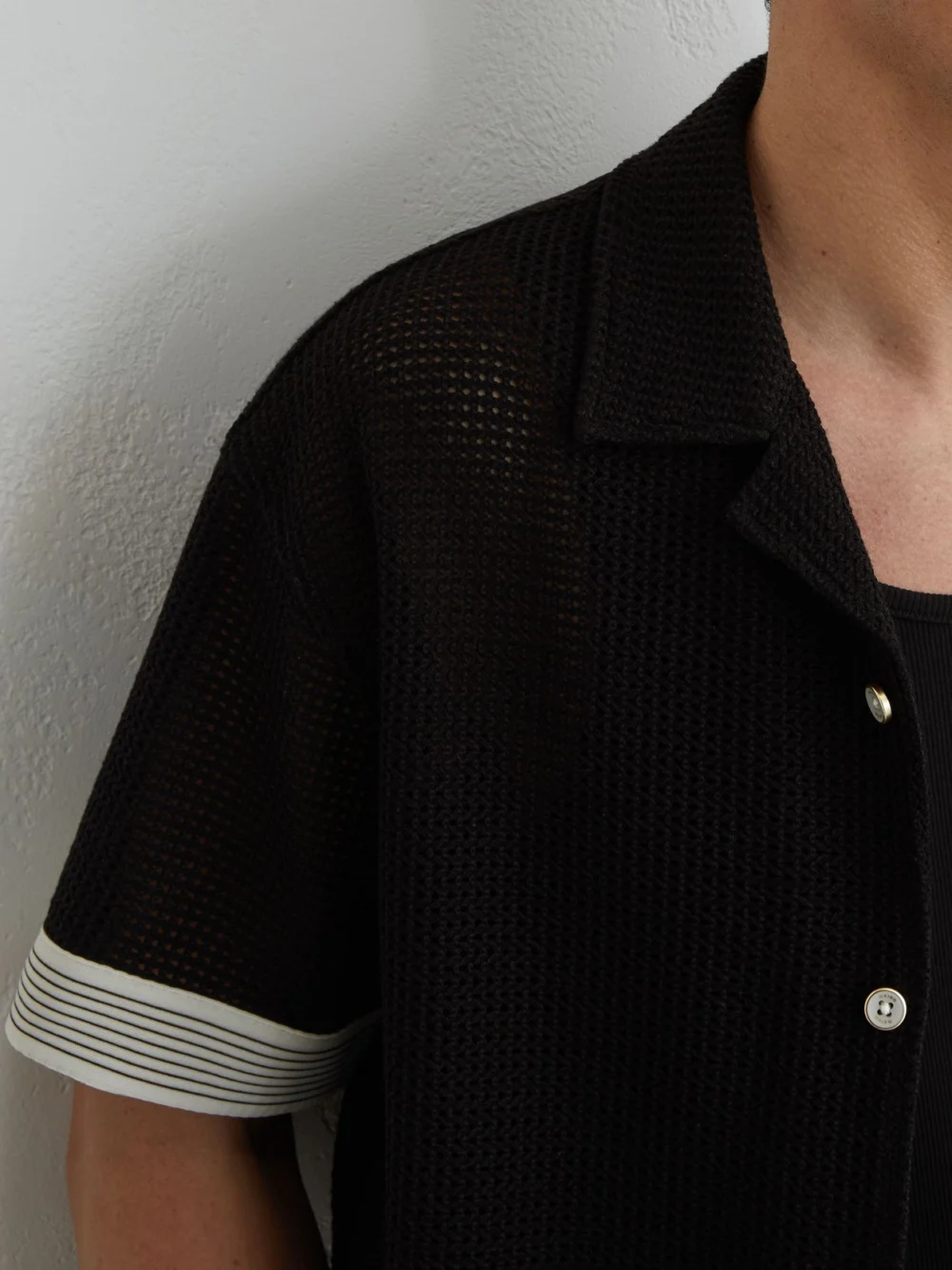 Reiss Black Cotton-blend Tape-trim Crochet Shirt, view 4